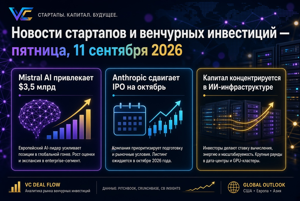 Novinky startupů a rizikového kapitálu — pátek, 11. září 2026: Mistral AI získává 3,5 miliardy dolarů, Anthropic posouvá IPO na říjen, kapitál se koncentruje v AI infrastruktuře
