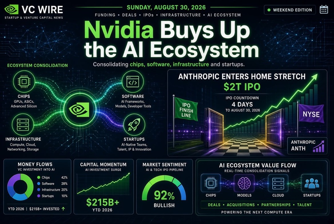 Novinky startupů a rizikového kapitálu — neděle, 30. srpna 2026: Nvidia kupuje ekosystém AI, Anthropic se blíží k IPO za 2 biliony dolarů