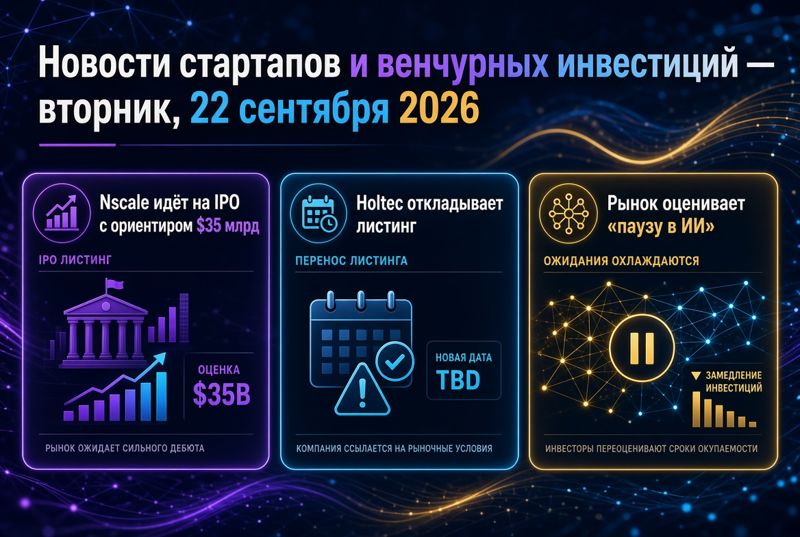 Novinky startupů a rizikového kapitálu — úterý, 22. září 2026: Nscale jde na IPO s orientační hodnotou 35 miliard USD, Holtec odkládá listing, trh hodnotí "pauzu v AI"