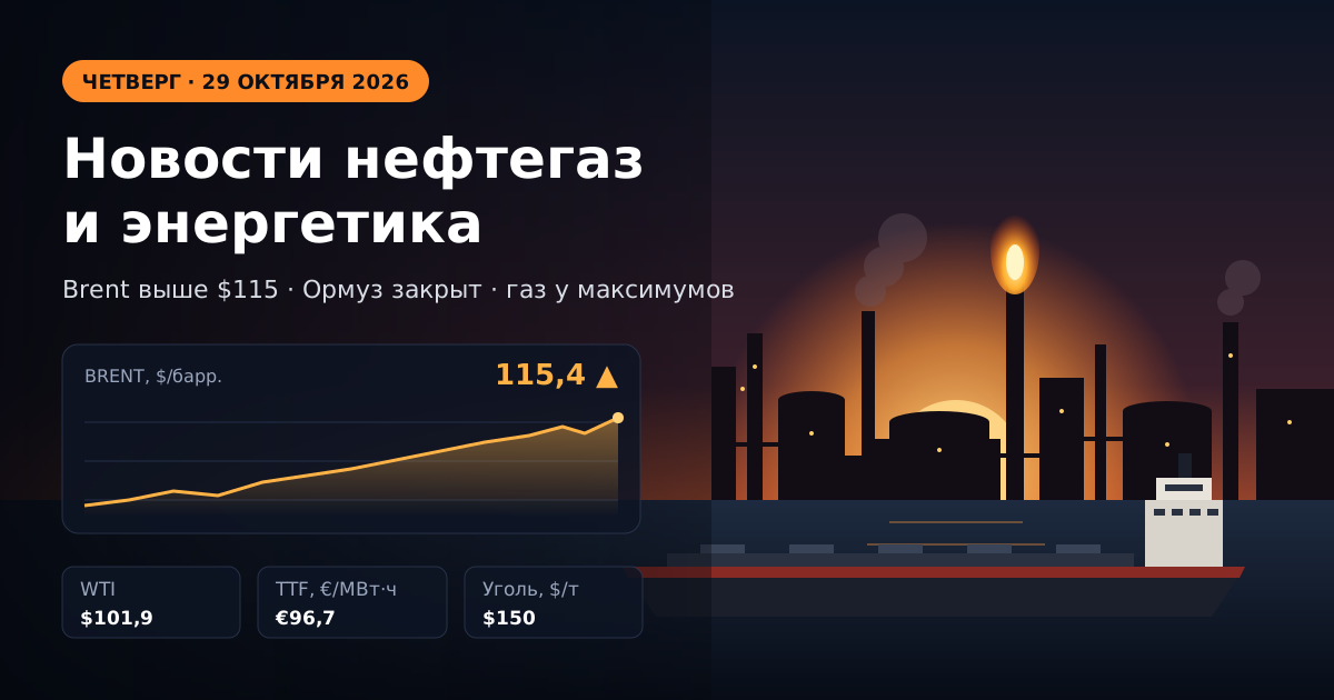 Novinky z ropného a plynárenského průmyslu a energetiky — čtvrtek 29. října 2026: Brent nad 115 USD po útoku Húsíů na Ras Tanuru, plyn v Evropě na maximech od roku 2022