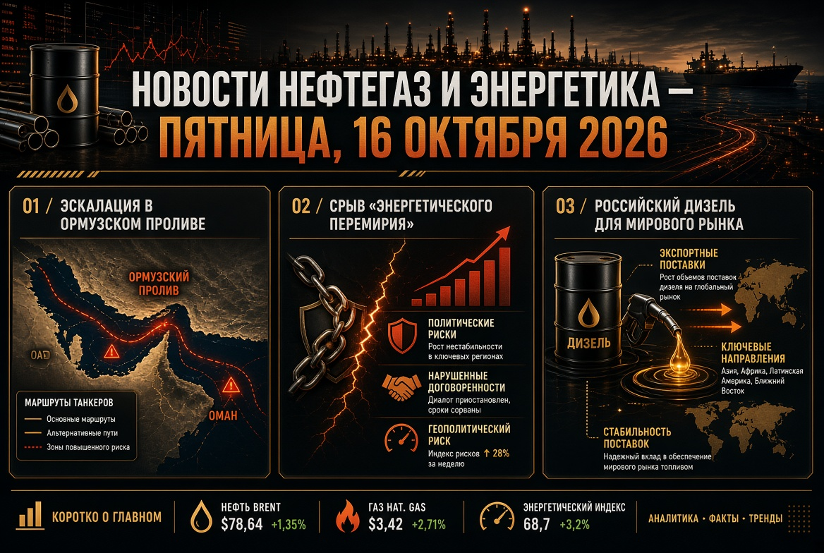 Novinky v oblasti ropy a energie – pátek, 16. října 2026: eskalace v Hormuzském průlivu, porušení "energetického příměří" a ruský diesel pro globální trh