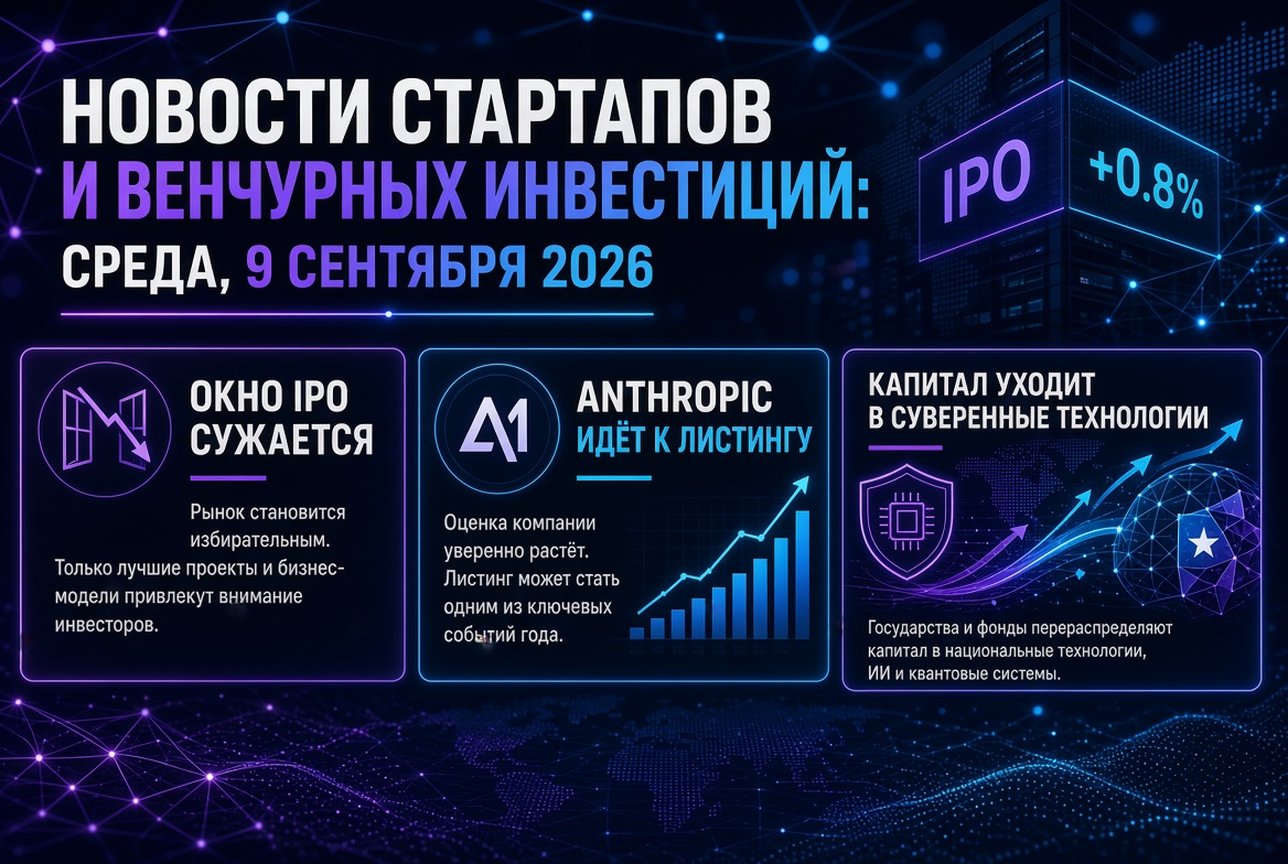 Novinky o startupích a venture investicích: středa, 9. září 2026 — okno IPO se zúžuje, Anthropic jde k seznamování, a kapitál odchází do suverénních technologií