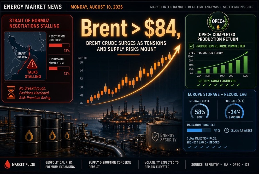 Novinky z ropného a energetického sektoru - pondělí, 10. srpna 2026: jednání o Hormuzském průlivu stagnují, Brent nad 84 USD, OPEC+ ukončil návrat těžby, Evropa plní zásobníky s rekordním zpožděním