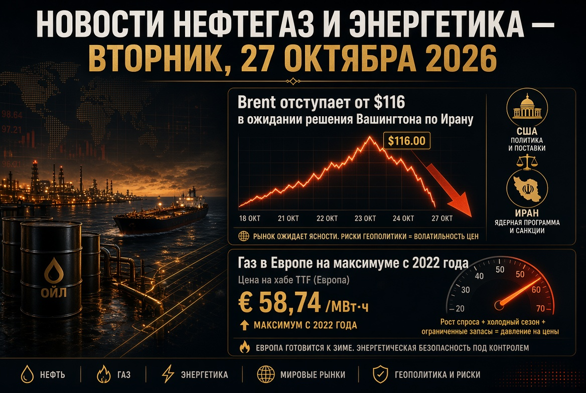 Zprávy o ropě a energetice — úterý, 27. října 2026: Brent ustupuje od 116 USD v očekávání rozhodnutí Washingtonu ohledně Íránu, plyn v Evropě na maximu od roku 2022.