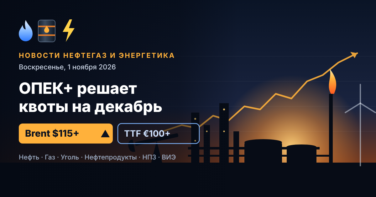 Novinky z ropného a plynárenského průmyslu a energetiky — neděle 1. listopadu 2026: OPEC+ stanovuje kvóty na prosinec, Brent nad 115 USD po útocích na saúdské rafinérie
