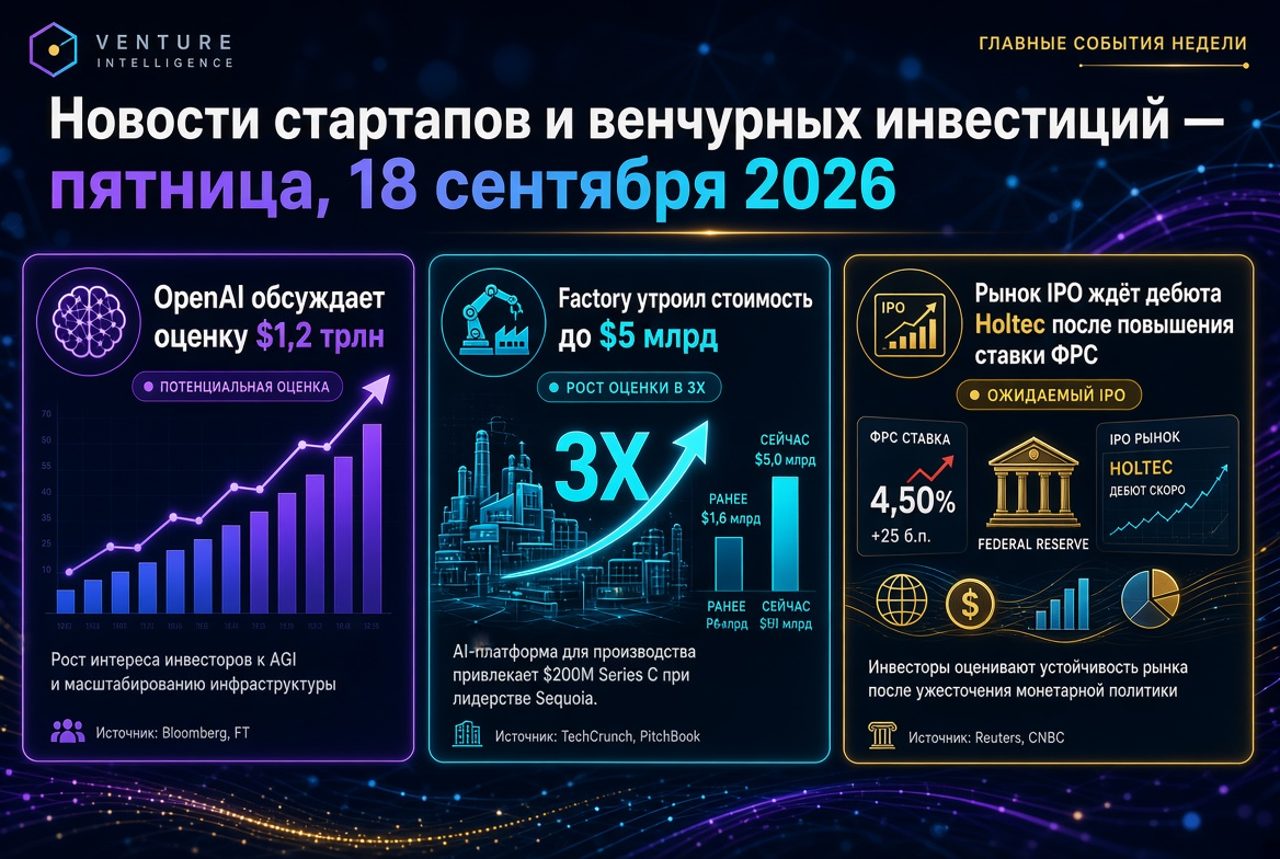 Novinky startupů a venture kapitálu — pátek, 18. září 2026: OpenAI diskutuje o ocenění 1,2 bilionu dolarů, Factory ztrojnásobil hodnotu na 5 miliard dolarů, trh IPO čeká debut Holtec po zvýšení sazby Fedu.
