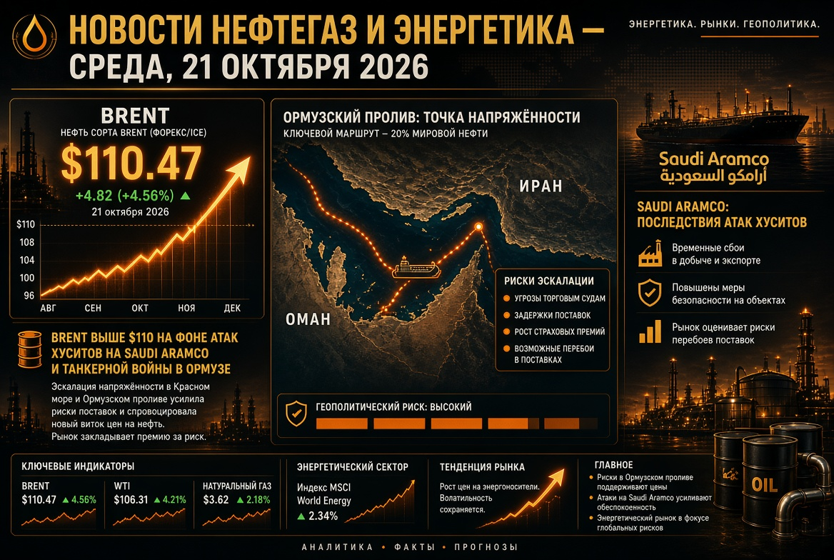Novinky z ropného a energetického sektoru - středa, 21. října 2026: Brent nad 110 $ na pozadí útoků húsov na Saudi Aramco a tankrové války v Hormuzu
